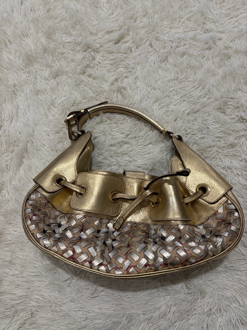 BURBERRY Metallic Gold /Beige Woven Nova Check PVC and Leather Warrior Hobo Bag